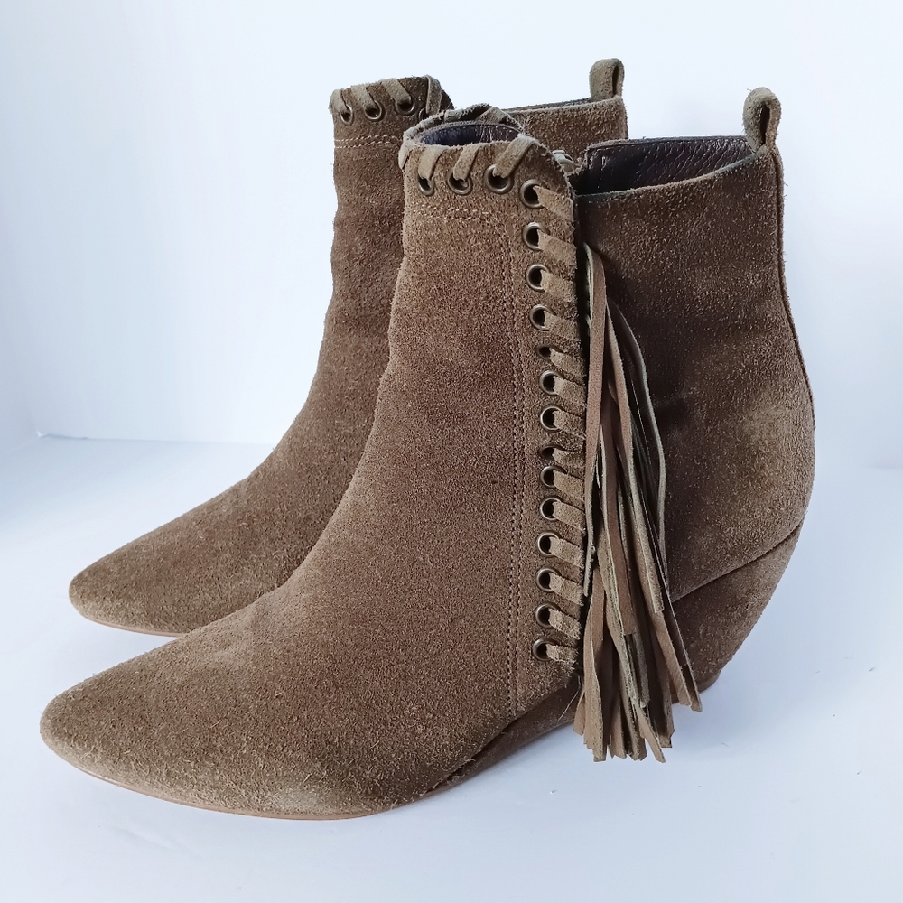 🖤 Matisse Leather Moccasin Ankle Boots Wedge Heel 7.5 Tan Fringe Zip-up Sissy